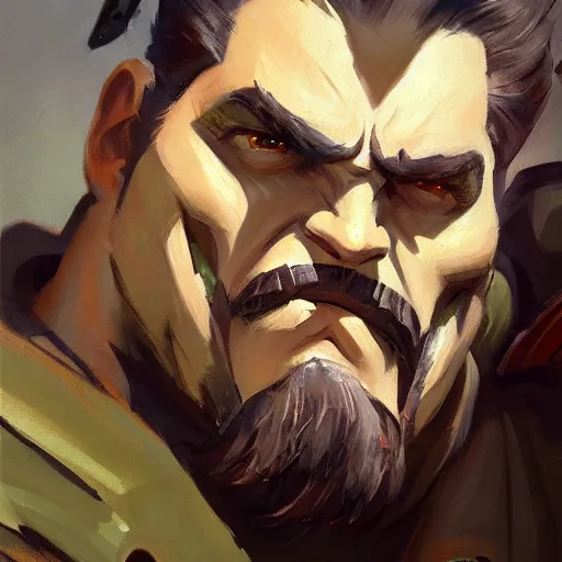 Prompt: greg manchess close - up portrait painting of a handsome older male dieselpunk orc with olive green skin as an overwatch character, medium shot, asymmetrical, profile picture, organic painting, sunny day, matte painting, bold shapes, hard edges, street art, trending on artstation, by huang guangjian and gil elvgren and sachin teng