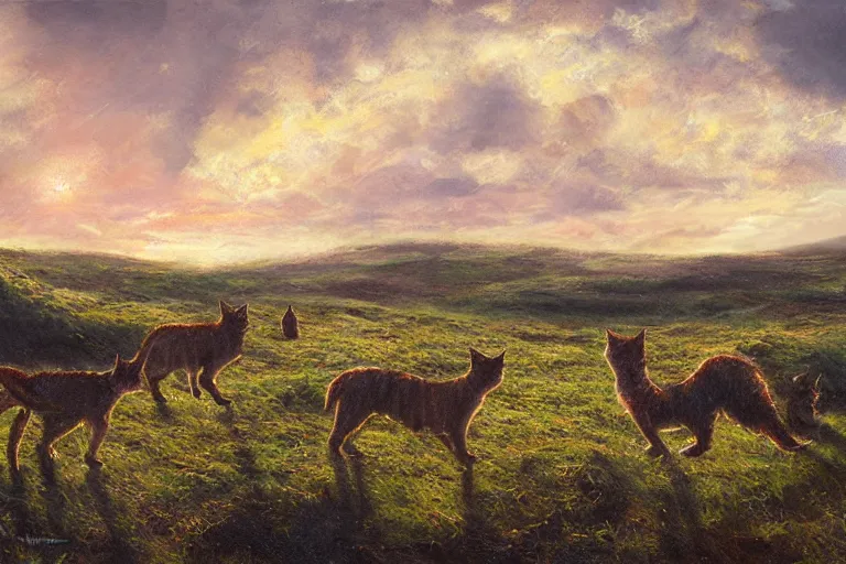 Image similar to a field moorland with a group of cats travelling, trending on artstation, by wayne mcloughlin, backlighting