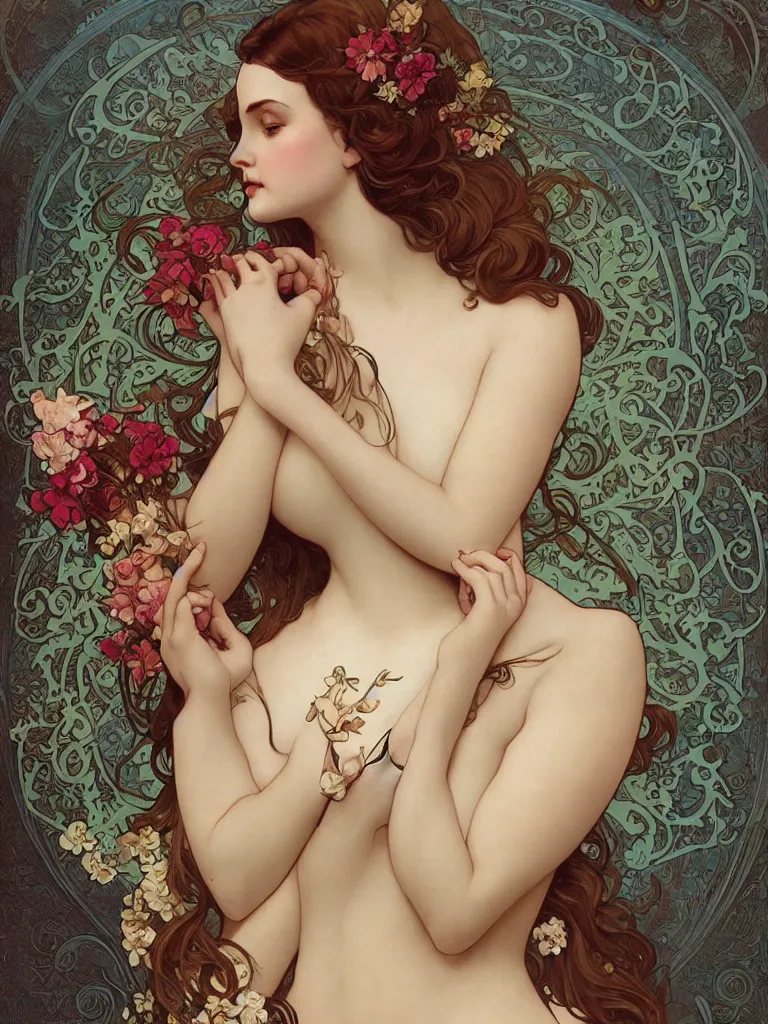 Prompt: a beautiful curvy symmetrical woman, sensuality, wrapped in flowers, art by Charlie Bowater, Alphonse Mucha, Tom Bagshaw