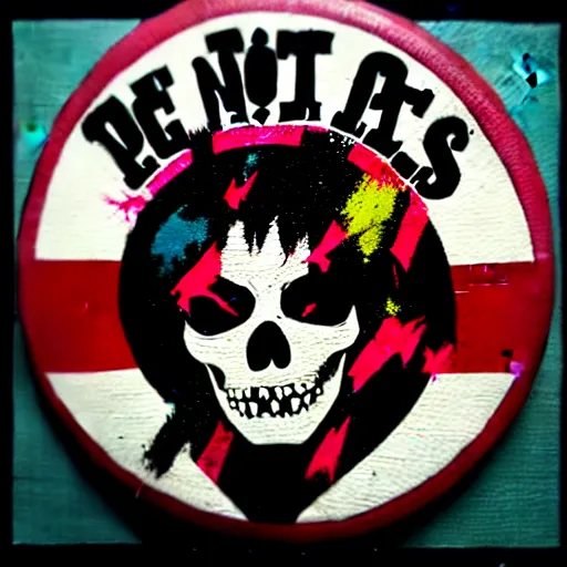 Image similar to painting on a badge!!!!, punks not dead!, exploited!!, clash, junk yard, rats!!, god save the queen!!!, punk rock album cover art style, grunge, no future!!!!, glitch effect