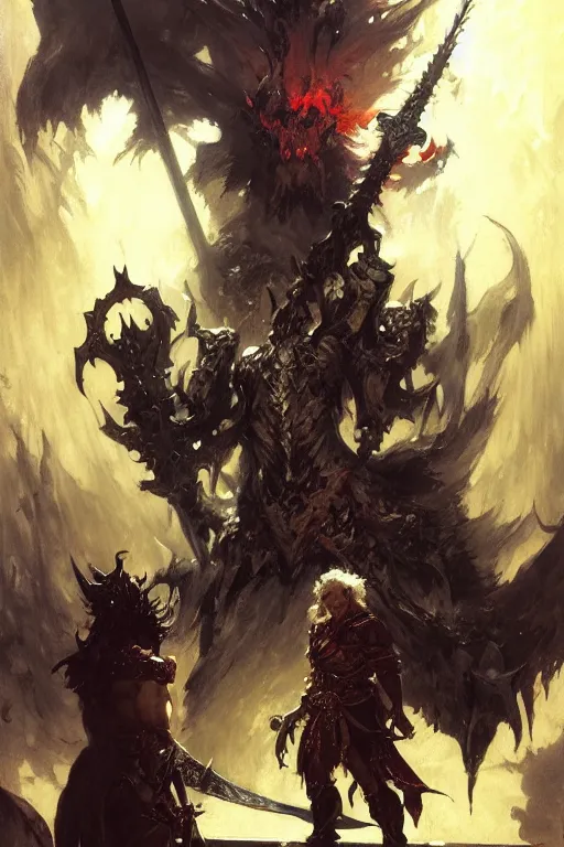 Prompt: evil demonic hell sword on a table portrait dnd, painting by gaston bussiere, craig mullins, greg rutkowski, yoji shinkawa