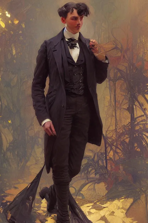 Image similar to an intricate artistic pose painting of a beautiful young victorian gentleman with an artistic pose wearing a beautiful victorian suit, hyper detailed, octane render, vivid colors, artstation, by jeremy mann, alphonse mucha, by boris vallejo