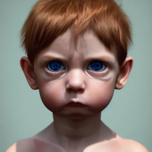 Prompt: hyperrealistic little baby boy big blue eyes thin auburn hair big cheeks, stunning 3 d render inspired by istvan sandorfi & greg rutkowski & mike judge, perfect symmetry, dim volumetric cinematic lighting, 8 k octane comprehensive render, extremely mega hyper - detailed and lifelike attributes & atmosphere, intricate, realistic flesh texture, masterpiece, artstation, stunning,