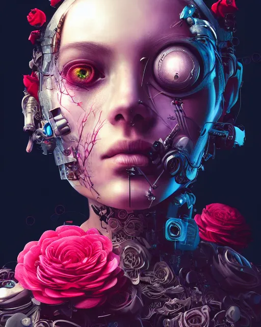 Image similar to portrait of a female face with roses instead of eyes, cyberpunk cyborg. roses, sci - fi, intricate abstract upper body intricate artwork, by tooth wu, wlop, beeple, dan mumford. concept art, octane render, deviantart, greg rutkowski, cinematic arthouse, key art, hyper realism, iridescent accents