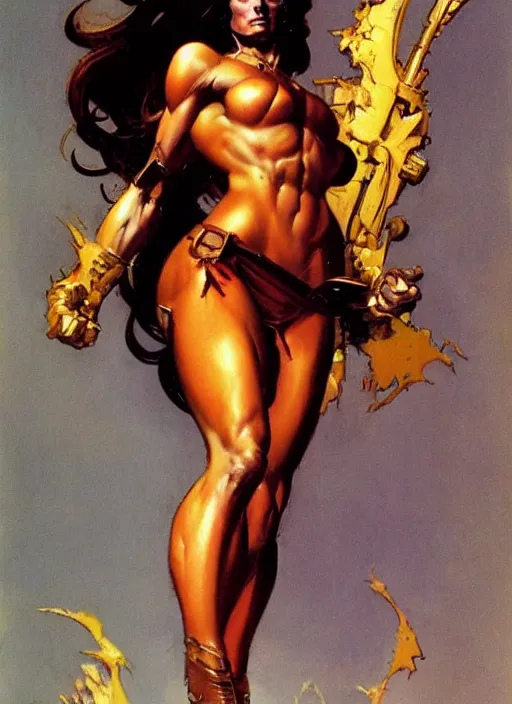 Image similar to mighty golden saint girl, strong line, deep color, beautiful! coherent! by frank frazetta, by brom, low angle