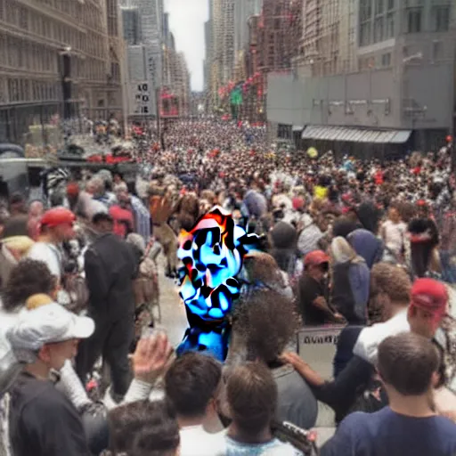 Prompt: supermario in NYC streets and crowded by people who waits for his autograph