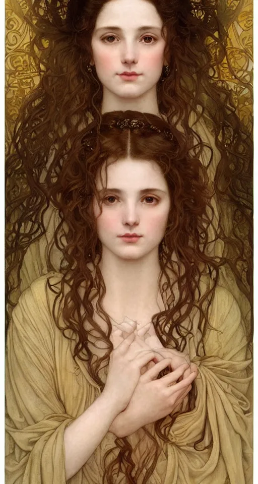 Prompt: Masterpiece head and shoulders portrait of a young girl from a real of silken fire. long robes, silk drapes. face, fantasy, intricate, elegant, highly detailed drawn by Donato Giancola and Tom Bagshaw, face by Artgerm and Edmund Leighton, Alphonse Mucha, background by James Jean and Gustav Klimt, 4k, porcelain skin, french nouveau, trending on pixiv, octane render, hyperrealistic