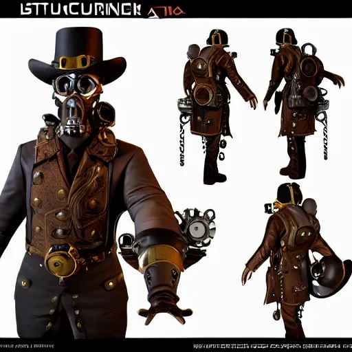 Image similar to Steampunk Character, Unreal Engine 5, Detailed Character Design, AAA Game, RTX, 3D Render