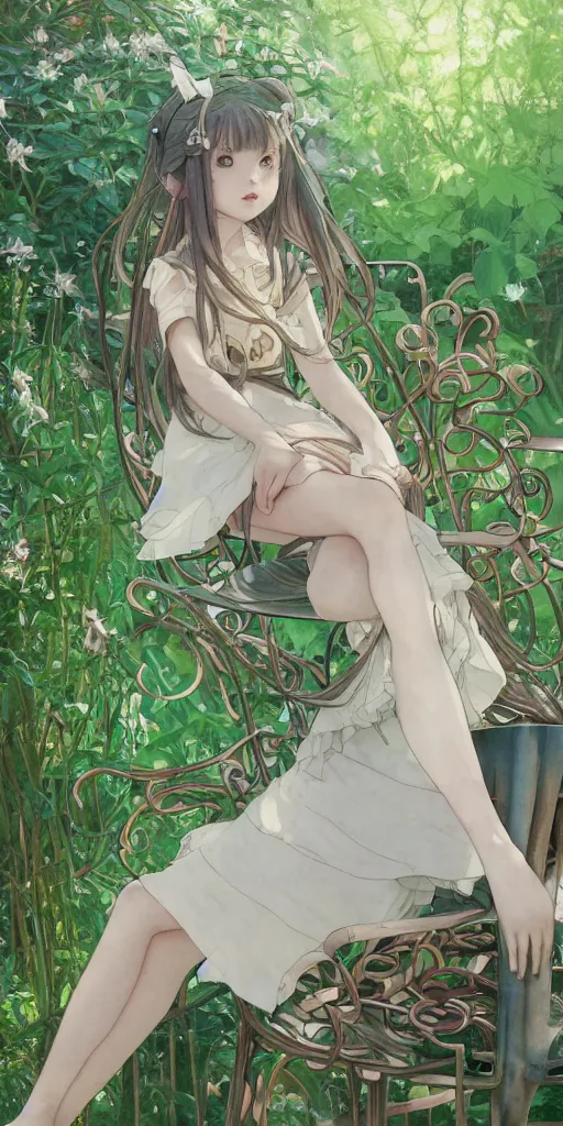 Image similar to a close up of a loli with long hair in a dress sitting on a metal garden chair in the privet garden at afternoon, green and warm theme, back lighting, by krenz cushart and mucha and akihito yoshida and greg rutkowski and studio ghibli, detailed eyes, 4 k resolution, trending on art station