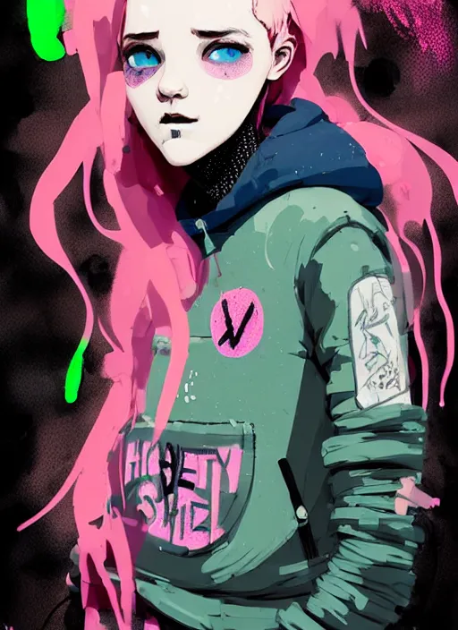 Image similar to highly detailed portrait of a sewer punk lady student, blue eyes, freckles, tartan hoody, pink hair by atey ghailan, by greg rutkowski, by greg tocchini, by james gilleard, by joe fenton, by kaethe butcher, gradient green, black, brown and magenta color scheme, grunge aesthetic!!! ( ( graffiti tag wall background ) )