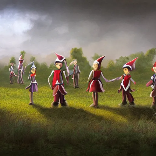 Prompt: a group of elfs in a field, concept art.
