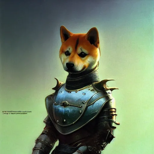 Image similar to realistic anthropomorphic shiba inu, in daedric armor, stuning 3 d render, masterpiece, glowing aura, by donato giancola and greg rutkowski and wayne barlow and zdzisław beksinski, realistic face, visible face, digital art