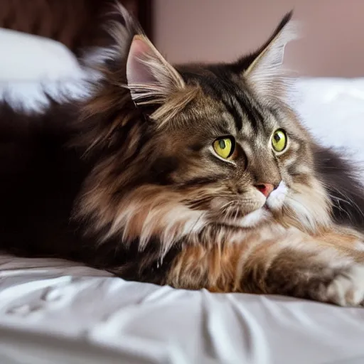 Prompt: very cute huge giant large calico main coon sprawled out across entire bed, portrait, pixar style, cinematic lighting, award winning creature portrait photography