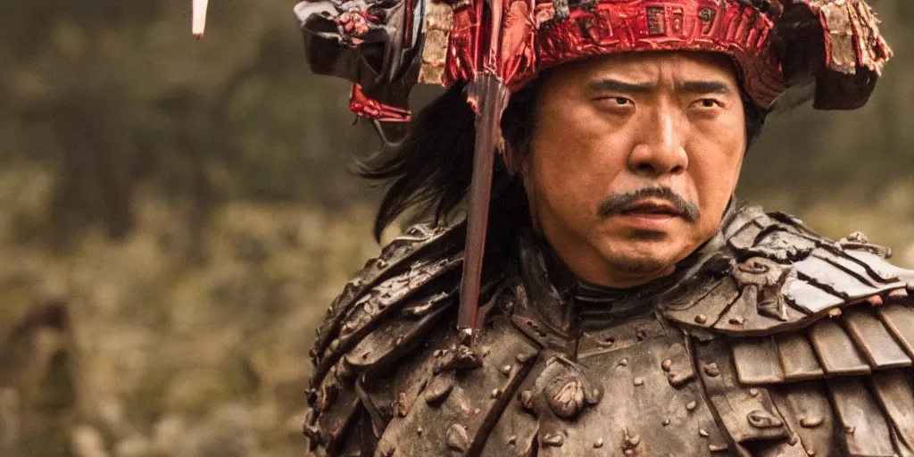 Image similar to a film still of guillermo francella starring as an ancient samurai in a japanese blockbuster film, shallow depth of field, cinematic, award winning cgi, vfx, film still