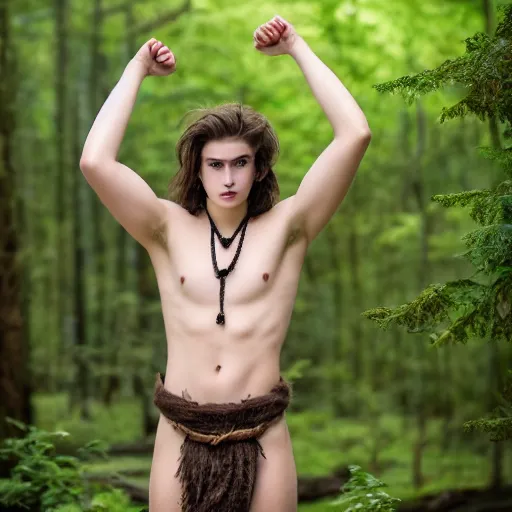 Prompt: a teenage boy, around 1 9 yo. necklace. natural brown hair. loincloth, pale skin, looking around. detailed face. ominous and eerie looking forest in background. natural colors. realistic photo. 8 k