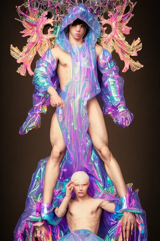 Image similar to full-body rococo and cyberpunk delicate neon crystalline sculpture of ((muscular slender albino prince Nick Jonas)) (((con la piroca dura))) as an iridescent humanoid deity wearing a thin see-through ((plastic hooded cloak)) sim roupa (holding a human skull), reclining con (((las piernas abiertas))), glowing pink face, crown of (white lasers), large diamonds, swirling black silk fabric. futuristic elements. oozing glowing liquid, full-length view. space robots. intricate artwork by caravaggio. Trending on artstation, octane render, cinematic lighting from the right, hyper realism, octane render, 8k, depth of field, 3D