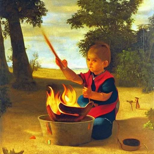 Prompt: exquisite oil painting on canvas of a toddler learning to make a fire, at the campsite, sunny clear sky, rich moody colors, photorealistic, by caravaggio