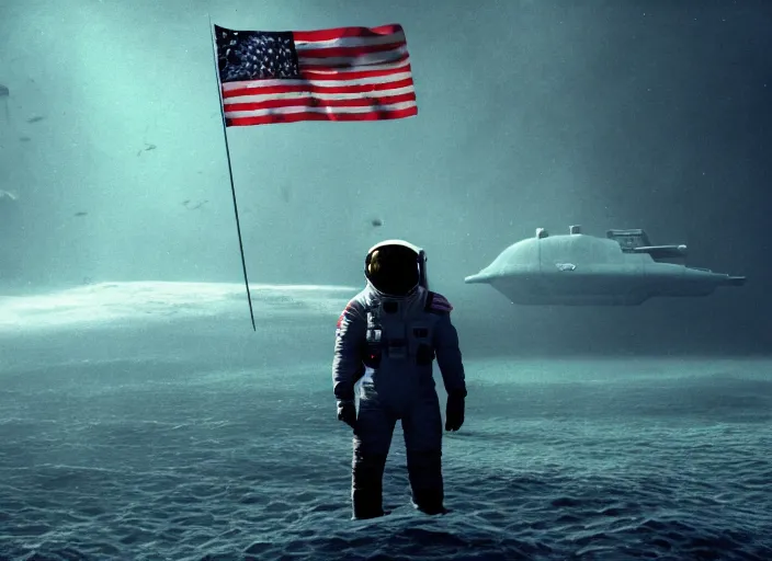 Image similar to astronaut holding a flag in an underwater desert. a submarine is visible in the distance. dark, concept art, cinematic, dramatic, atmospheric, 8 k, trending on artstation, blue, fish, low visibility, fog, ocean floor, christopher nolan, interstellar