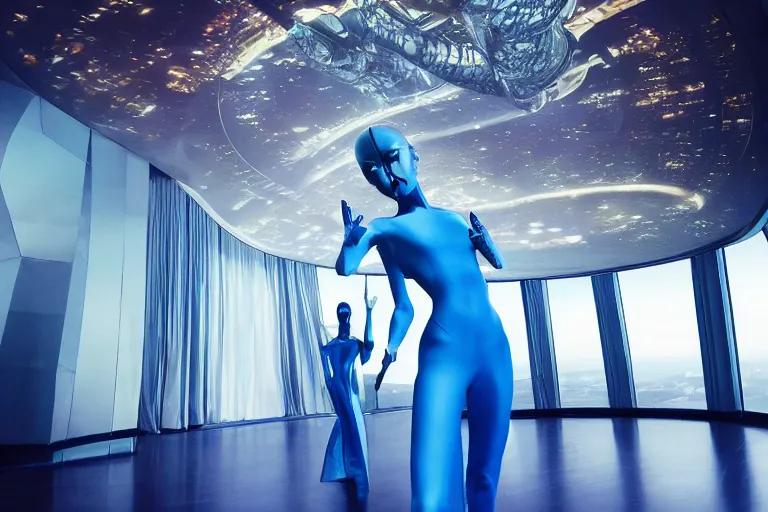 Image similar to vfx movie scene beautiful blue skin alien woman dancing in sleek futuristic decadent spaceship ballroom. giant windows view of earth obit. by emmanuel lubezki