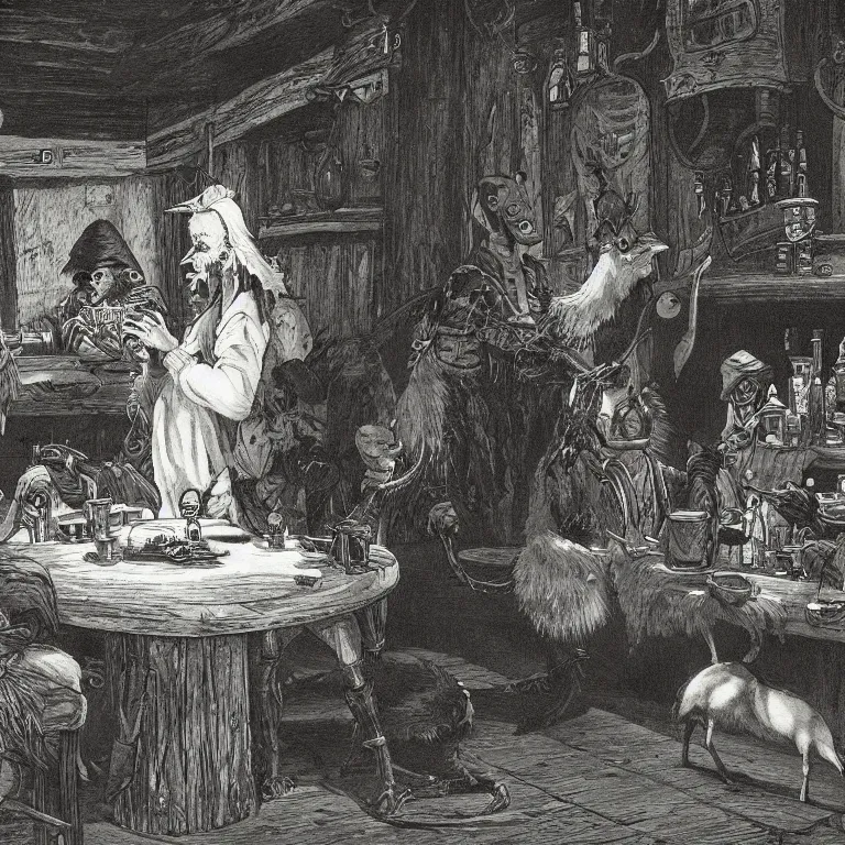 Image similar to a single emu in a tavern, fantasy rpg book illustration