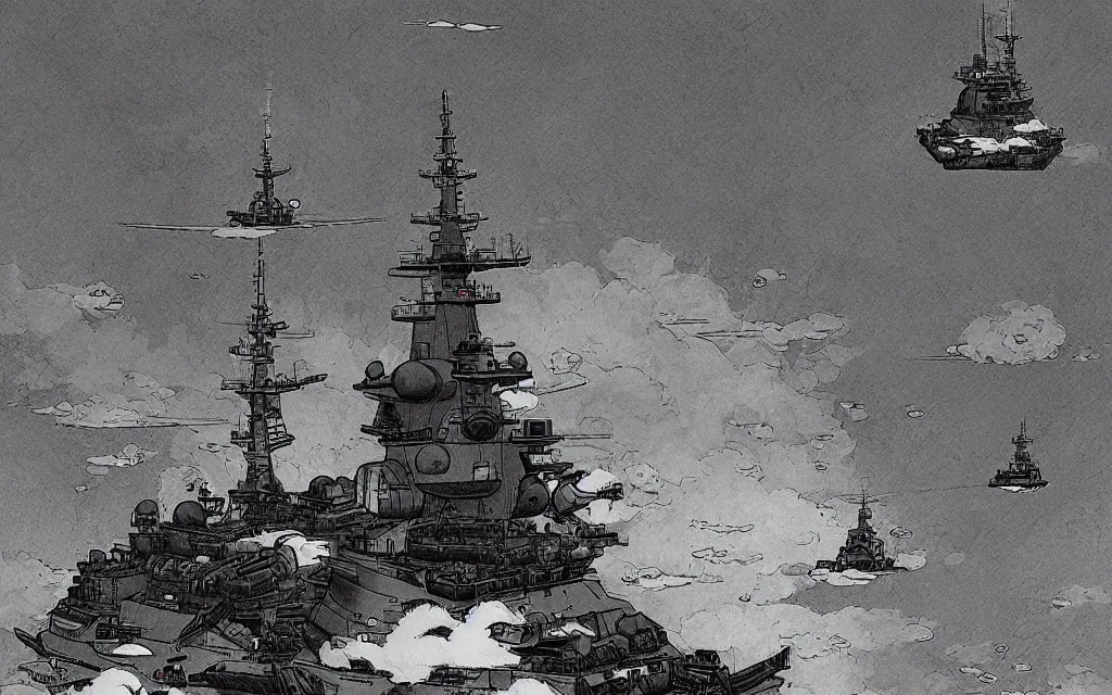 Image similar to japanese battleship yamato flying between the clouds, in the style of james jean and laurie greasley, dynamic composition, dramatic lighting, ultra detailed