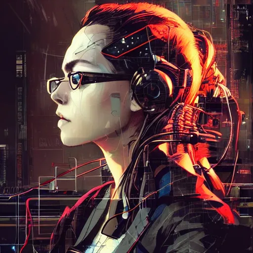 Prompt: a beautiful side portrait of a female cyberpunk hacker, wires, cables, computers, machines. art by yoji shinkawa and sandra chevrier, trending on artstation,