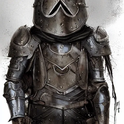 Prompt: black labrador wearing medieval suit of armor, illustration, concept art, art by wlop, dark, moody, dramatic