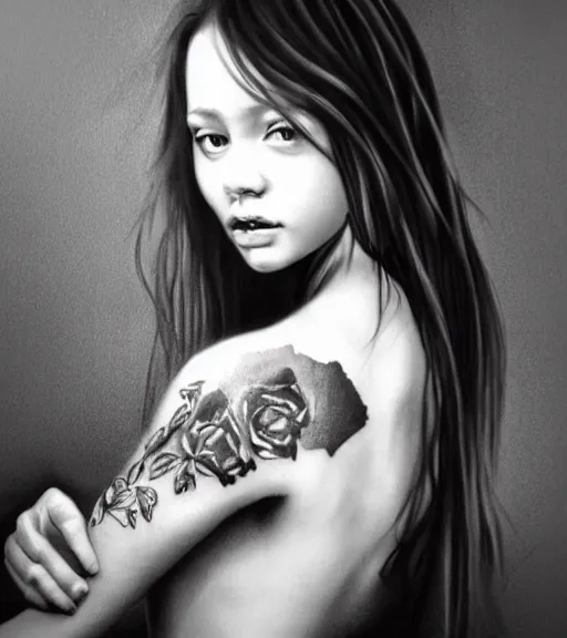 Image similar to a beautiful girl portrait, faded mountain background, realism tattoo, in the style of den yakovlev, black and white, hyper realistic, highly detailed