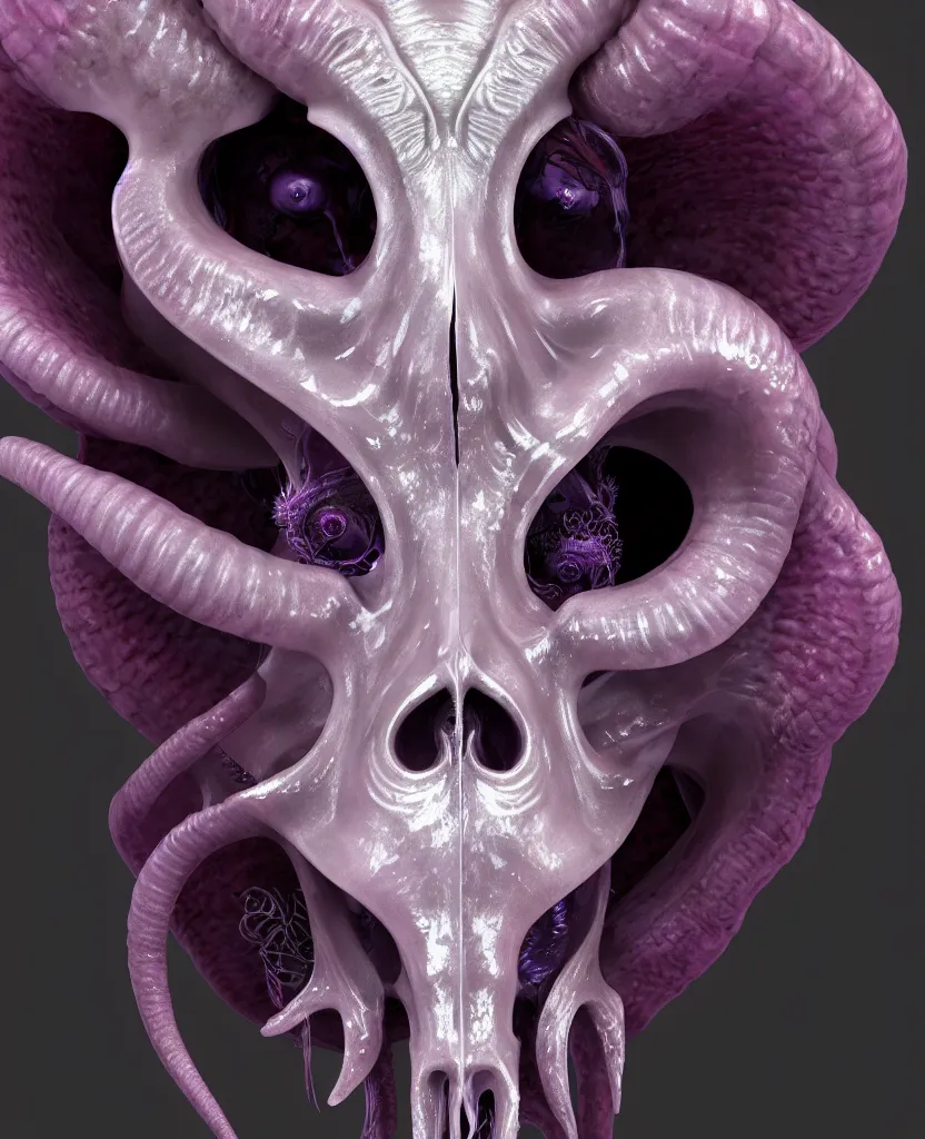 Image similar to goddess princess face close-up portrait ram skull. hard surface modelling zbrush and octane render. jellyfish phoenix head, nautilus, orchid, skull, betta fish, bioluminiscent creatures, intricate artwork by Tooth Wu and wlop and beeple. octane render, trending on artstation, greg rutkowski very coherent symmetrical artwork. cinematic, hyper realism, high detail, octane render, 8k