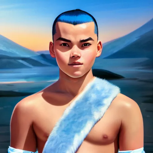 Image similar to beautiful serene intricate photograph of sokka from the water tribe as an inuit young man, dark hair, light blue eyes, smiling softly, relaxing on the beach, golden hour, soft focus, 8 k, art by irakli nadar, hyperrealism, hyperdetailed, ultra realistic