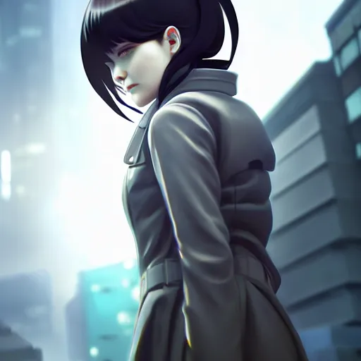 Image similar to realistic render of a cyborg - girl wearing a long trench coat by ross draws, futuristic dystopian city by ilya kuvshinov, digital anime art by ross tran, composition by sana takeda, lighting by greg rutkowski