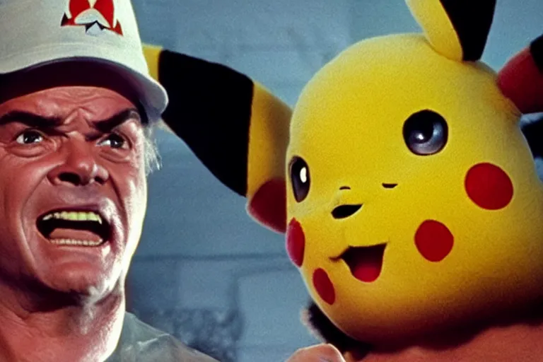 Prompt: Jack Nicholson plays Pikachu Terminator, scene where his inner endskeleton is visible and his eye glows red, still from the film