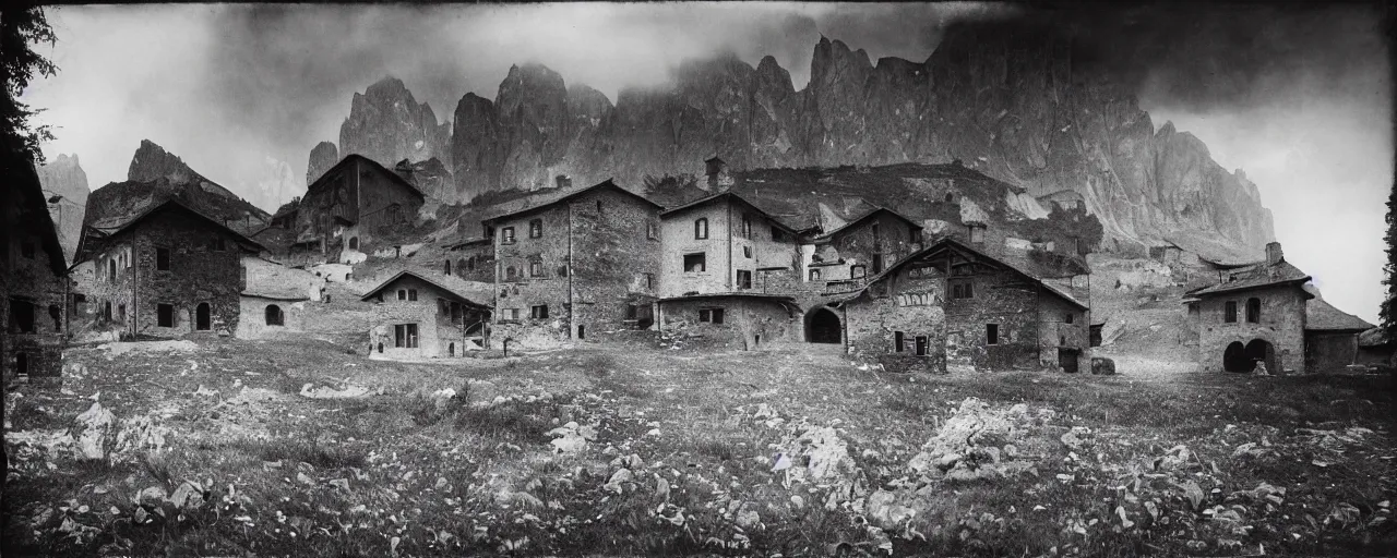 Image similar to 1920s photography of an isolated old village with ghostly wood buildings in the dolomites inhabitated by hay ghosts