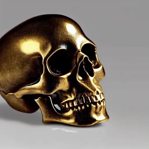 Image similar to a orante human skull with rococo carvings and gold plated detailing encased in an icecube