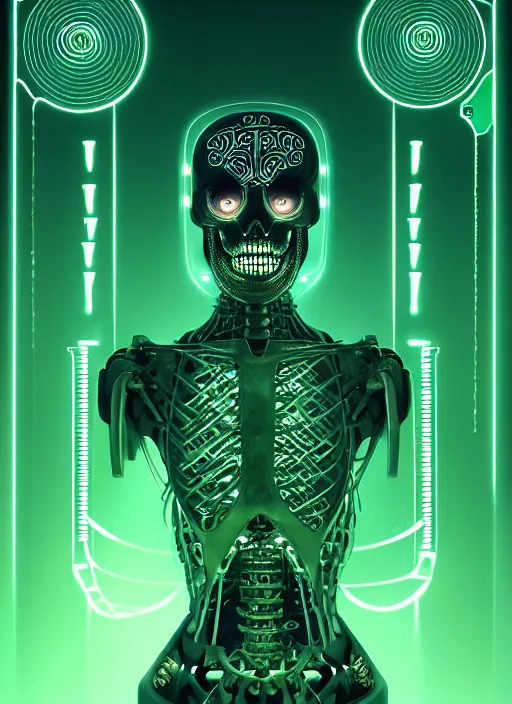 Prompt: portrait of futuristic cyber bionic skeleton writing runes into tombstones, runes, runic words, ancient evil letters, glowing green, intricate, elegant, glowing lights, highly detailed, digital painting, artstation, concept art, smooth, sharp focus, illustration, art by wlop, mars ravelo and greg rutkowski