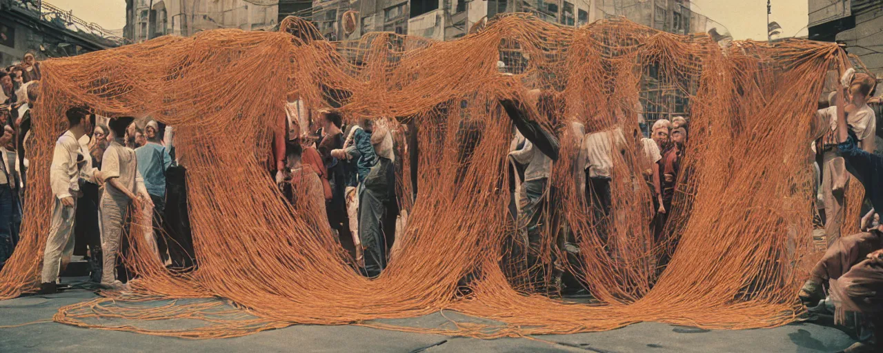 Prompt: hippies standing on a stage made of spaghetti protesting the war, 1 9 6 0's, muted, canon 5 0 mm, cinematic lighting, photography, retro, film, kodachrome