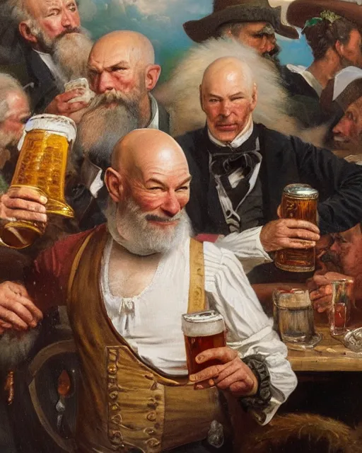 Image similar to a painting of patrick stewart holding a mug of beer at the oktoberfest, a detailed painting by konstantin makovsky and by jan matejko and by nikolay makovsky, shutterstock contest winner, german romanticism, detailed painting, oil on canvas, wimmelbilder