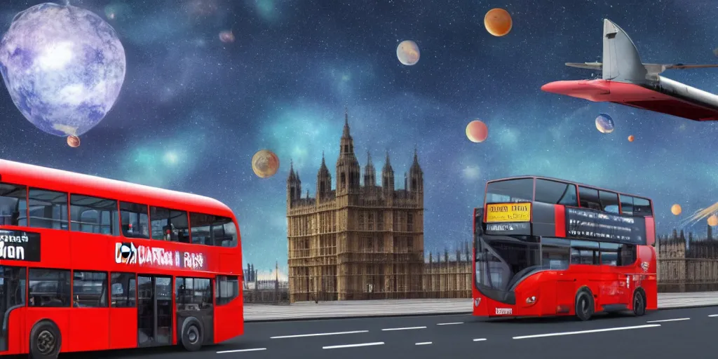 Image similar to a double decker london bus, flying through outer space, gbp is flying out the windows, ultra realistic, concept art 4k