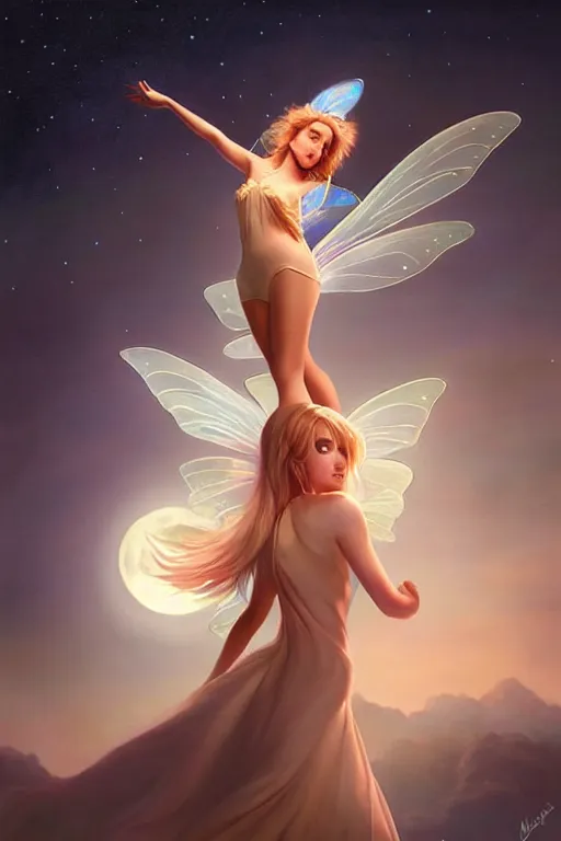 Image similar to attractive fairy magically floating high in the night, fantasy, full moon in background. highly detailed painting by artgerm, mid shot, 8 k