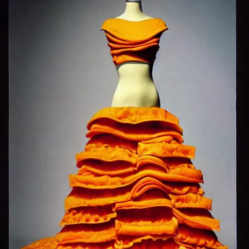 Image similar to dress made out of lasagna, fashion, 6 0 s