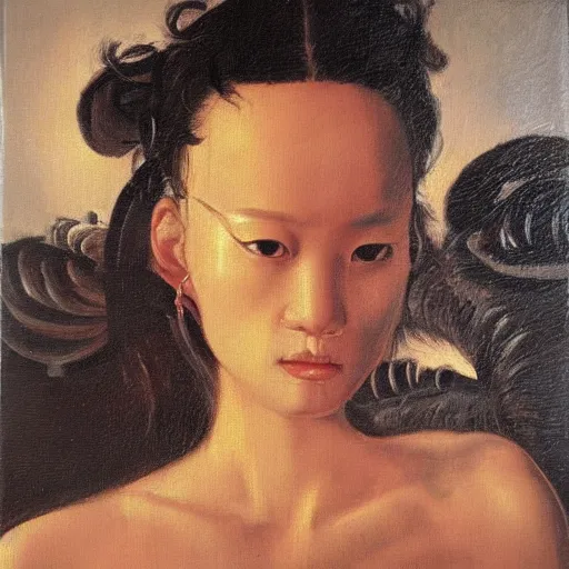 Prompt: jakie chan portrait in medusa by caravaggio style painting oil