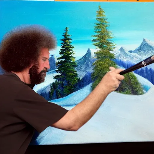 Image similar to a closeup photorealistic photograph of bob ross painting an image of kenny powers pitching a baseball on a canvas. mountains and trees. film still. brightly lit scene. this 4 k hd image is trending on artstation, featured on behance, well - rendered, extra crisp, features intricate detail, epic composition and the style of unreal engine.