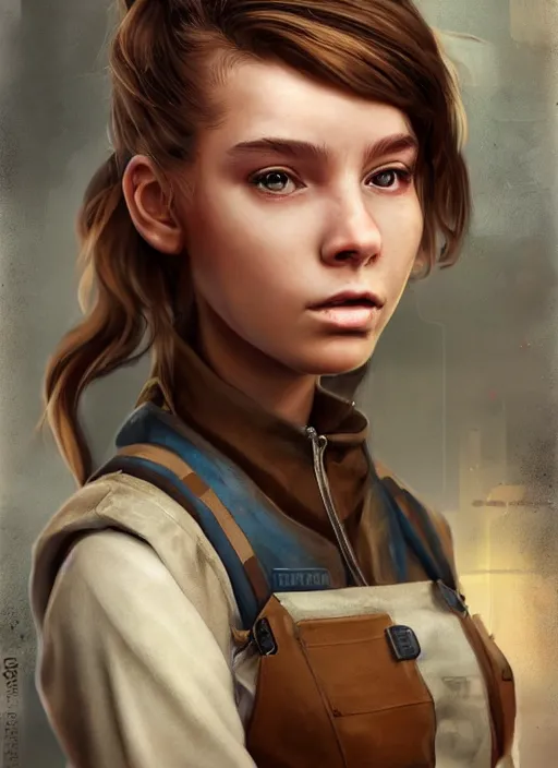 Prompt: a portrait digital painting of a young girl with hazel - brown hair. post - apocalyptic clothing. she's wearing a mechanics uniform and has been working on some large machinery. a factory background with big machines, pipes, computer monitors. painted by artgerm, ross tran.