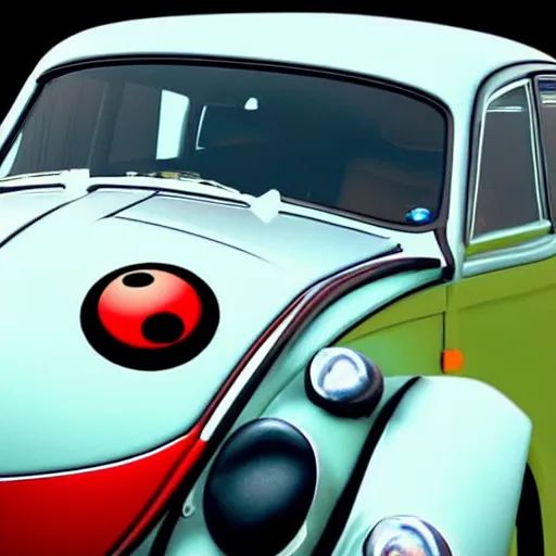 Image similar to promotional movie close - up of a ( volkswagen beatle ) car and insect lady bug hybrid. it is racing down a dusty back - road. cinematic, 4 k, imax, 7 0 mm