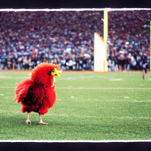 Image similar to the famous funky chicken runs across a football field, interrupting the big game, 3 5 mm