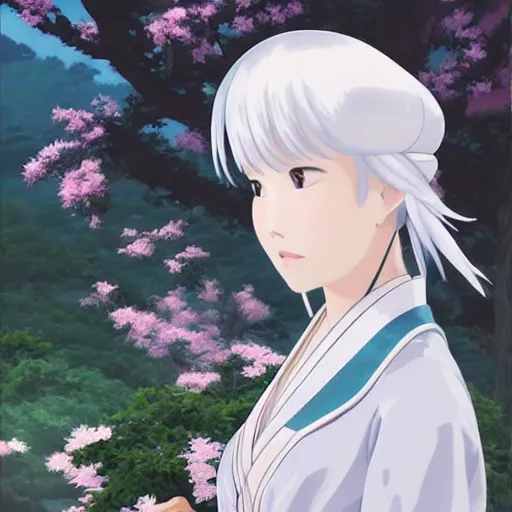 Image similar to Portrait of a japanese princess young lady, with white hair and bangs!!!! beauty artwork by Makoto Shinkai, Studio Ghibli, white hair, ayaka genshin impact, ayaka, ayaka game genshin impact, ayaka, extremely detailed, beautiful, establishing shot, artistic,