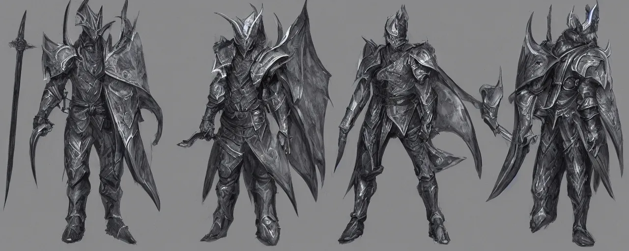 Prompt: A character sheet of a dragon hunter in full grey scales armor and hood that hides his face with masks hanging from his belt, concept art, anime, Highly Detailed.