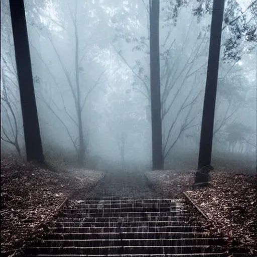 Image similar to creepy stairs in middle of forest, dark foggy misty colors!, dark forest from evil realm