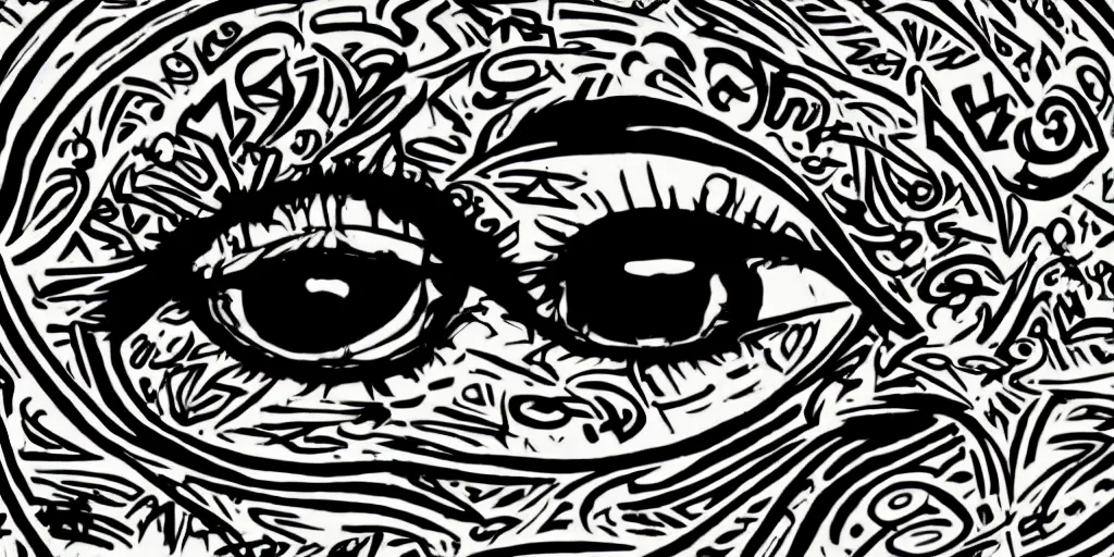 Prompt: aesthetic eyes, only eye, heavy goth makeup, punk, alluring, very bold black lines, traditional art nouveau border, large graffiti on a wall by famous london graffiti artist