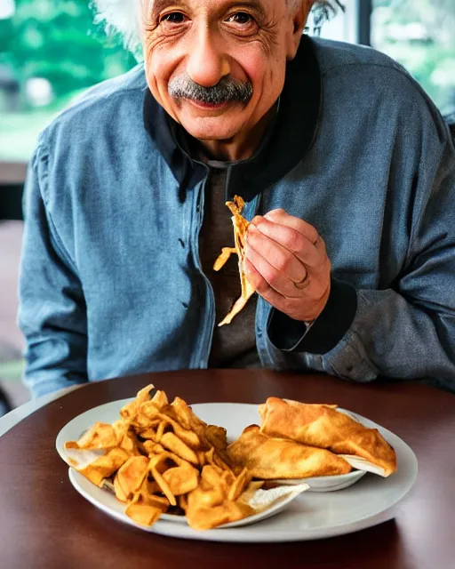 Prompt: A photo of Albert Einstein eating Samosa, highly detailed, trending on artstation, bokeh, 90mm, f/1.4